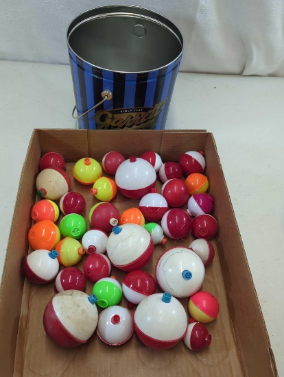 FISHING BOBBER LOT W/TIN