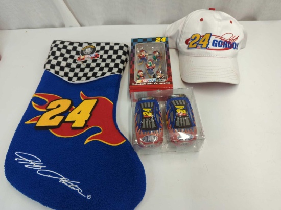 JEFF GORDON STOCKING, MINI ORNAMENTS, SALT& PEPPER SHAKERS ADJUSTABLE HAT
