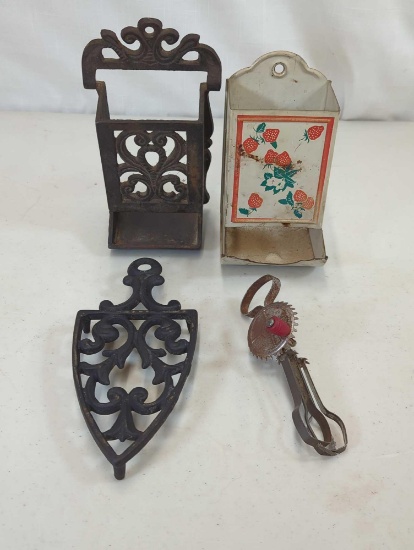 PRIMITIVE MATCH BOXES, TRIVET & CHILD'S HAND MIXER