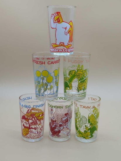 VINTAGE JELLY JAR GLASSES LOONEY TOONS - FOGHORN LEGHORN, BUGS BUNNY, ROADRUNNER & SYLVESTER TWEETY
