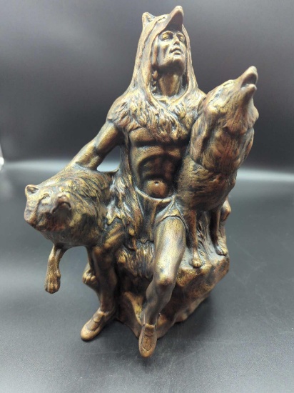 PROVINCIAL MOLD 89 NATIVE AMERICAN WITH WOLVES CERAMIC STATUE 10"
