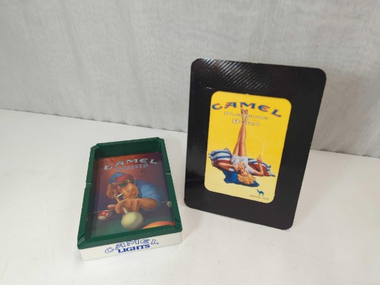 CAMEL LIGHTS CAMEL "PLAYING POOL ASHTRAY " & CARDBOARD SIGN CAMEL PLEASURE TO BURN
