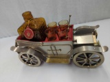 TOURING CAR LIQUOR AMBER DECANTER BOTTLE MISSING TOP 4 SHOT GLASSES MUSIC BOX WORKS