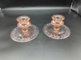 PINK DEPRESSION CANDLE HOLDER WITH ETCHED BASE