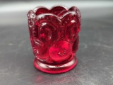 RED GLASS TOOTH PICK HOLDER MOON AND STAR PATTERN