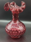 FENTON CRANBERRY COIN DOT SWIRL CRIMPED RUFFLE VASE