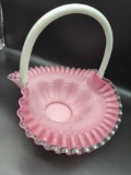 FENTON PINK & WHITE RUFFLED EDGE HOBNAILGLASS BASKET