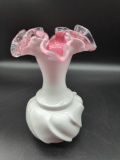 FENTON PINK ROSE PEACH CREST MILK GLASS VASE W/ RUFFLED RIMGLASS VAS