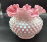 FENTON WHITE HOBNAIL VASE PEACH BLOW CRIMPED ROSE BOWL VASE