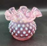 FENTON CRANBERRY RUFFLE EDGE HOBNAIL VASE
