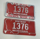 VINTAGE MONTANA LICENSE PLATES WITH EAT BEANS AMERICA NEEDS GAS FRAME