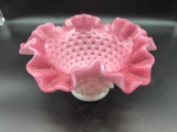 FENTON CRANBERRY DEEP PEACH CREST CASED HOBNAIL RUFFLED RIM BOWL