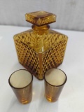 AMBER DECANTER WITH 2 AMBER SHOT GLASSES