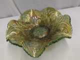 MILLERSBURG GREEN CARNIVAL RUFFED GLASS BOWL WHIRLING LEAVES 10