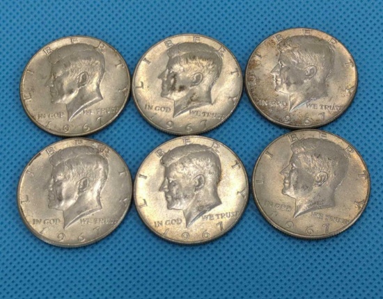 1967 KENNEDY HALF DOLLAR LOT - 6 40% SILVER