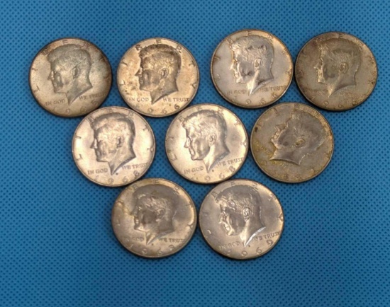 KENNEDY HALF DOLLAR LOT 1965, 2-1966, 4-1968, 1969 -9 TOTAL 40% SILVER