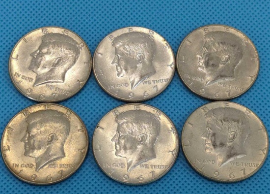 1967 KENNEDY HALF DOLLAR LOT - 6 40% SILVER