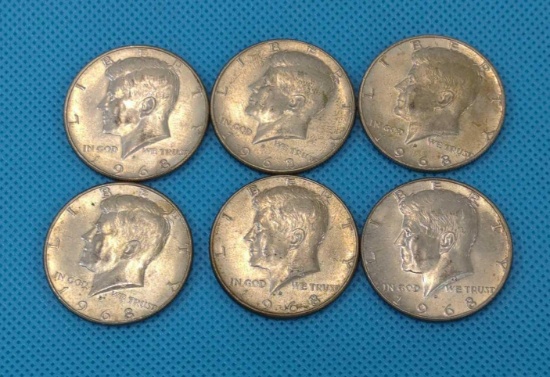 1968 KENNEDY HALF DOLLAR LOT - 6 40% SILVER