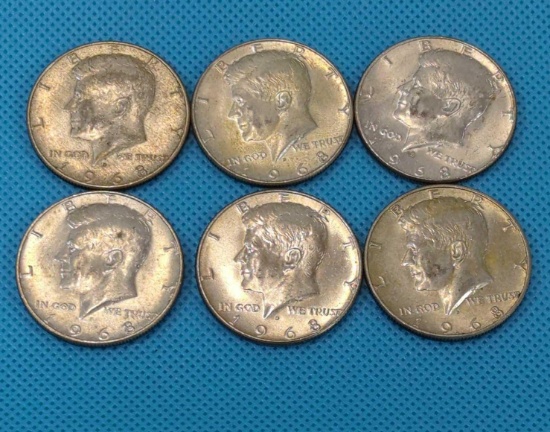 1968 KENNEDY HALF DOLLAR LOT - 6 40% SILVER