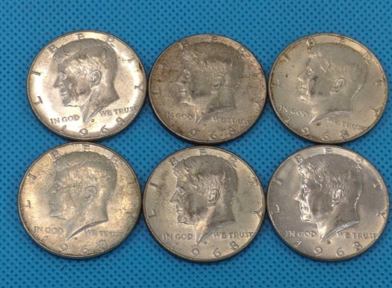 1968 KENNEDY HALF DOLLAR LOT - 6 40% SILVER