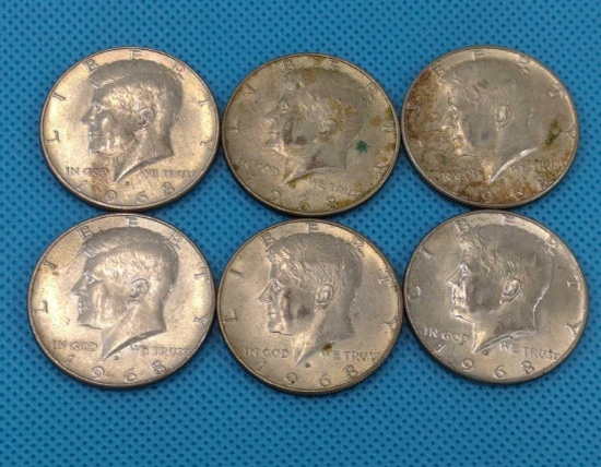 1968 KENNEDY HALF DOLLAR LOT - 6 40% SILVER