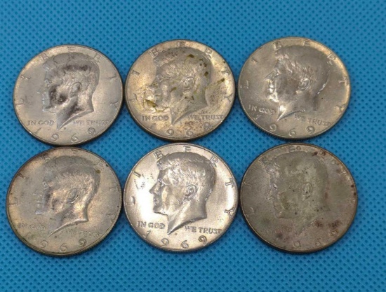 1969 KENNEDY HALF DOLLAR LOT - 6 40% SILVER