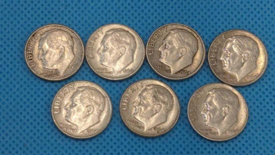 7 - 1964 ROOSEVELT DIMES - MINTS, 4 D AND 3 UNMARKED