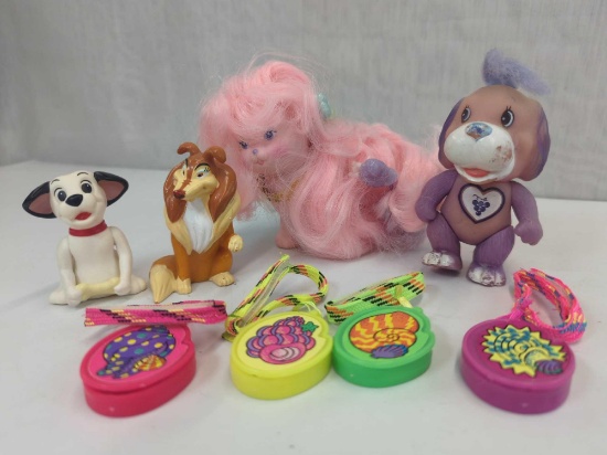 BARBIE 1990 MATTEL BEACH SHELL BELT CONTAINERS EMPTY, 1986 LADY LOVELY LOCKS, 1983 PURPLE GRAPE BEAR