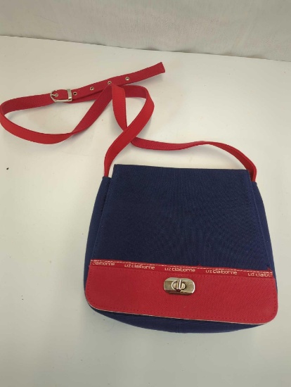 LIZ CLAIBORNE NAVY AND RED CANVAS CROSSBODY PURSE