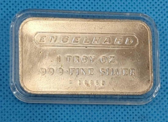 ENGELHARD 1 TROY OZ. FINE SILVER .999 + BAR IN CLEAR CASE