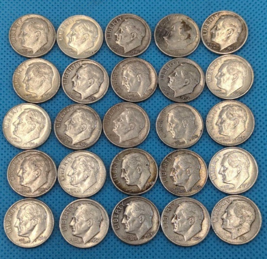 ROOSEVELT DIME LOT - PRE 1964 - 25 TOTAL