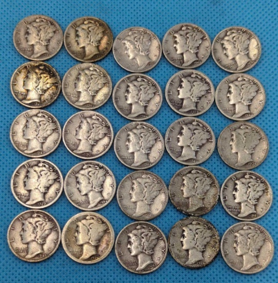 MERCURY DIMES LOT OF 25 - VARIOUS DATES - SILVER