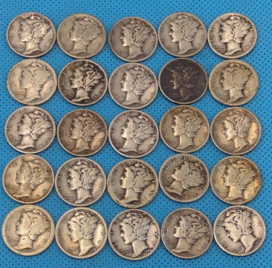 MERCURY DIMES LOT OF 25 - VARIOUS DATES - SILVER