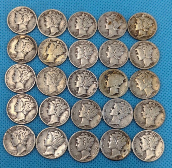 MERCURY DIMES LOT OF 25 - VARIOUS DATES - SILVER