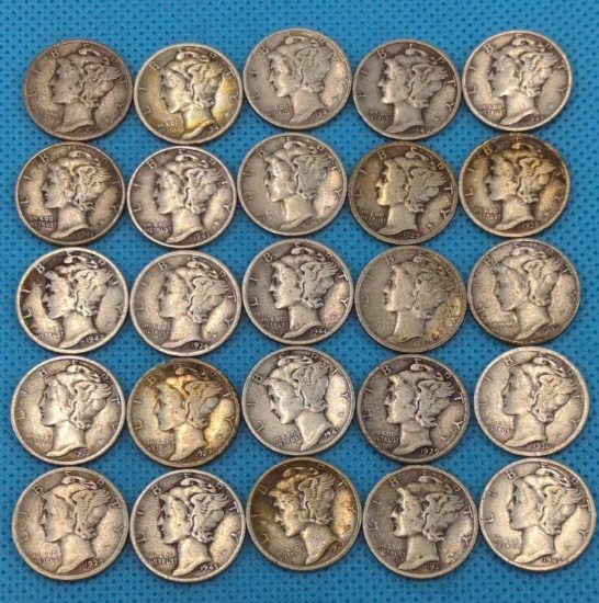 MERCURY DIMES LOT OF 25 - VARIOUS DATES - SILVER