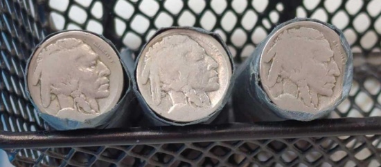 THREE ROLLS OF WELL WORN BUFFALO NICKELS NO DATE VISIBLE 120 TOTAL