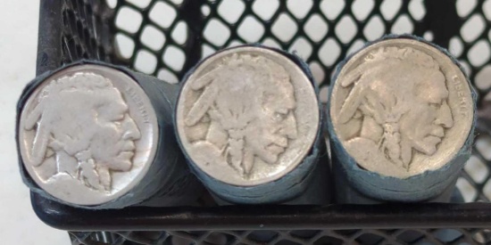 THREE ROLLS OF WELL WORN BUFFALO NICKELS NO DATE VISIBLE 120 TOTAL