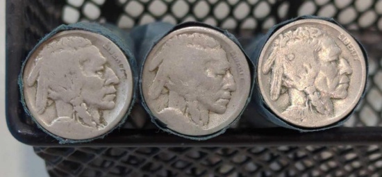 THREE ROLLS OF WELL WORN BUFFALO NICKELS NO DATE VISIBLE 120 TOTAL