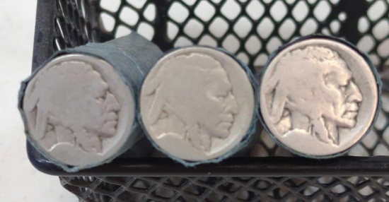 THREE ROLLS OF WELL WORN BUFFALO NICKELS NO DATE VISIBLE 120 TOTAL