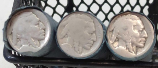 THREE ROLLS OF WELL WORN BUFFALO NICKELS NO DATE VISIBLE 120 TOTAL