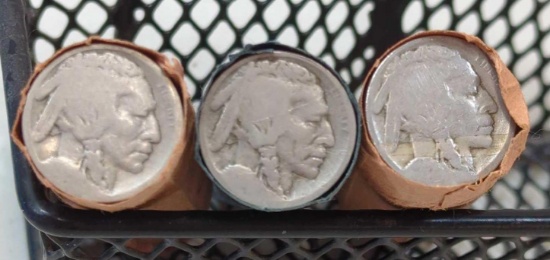 THREE ROLLS OF WELL WORN BUFFALO NICKELS NO DATE VISIBLE 120 TOTAL