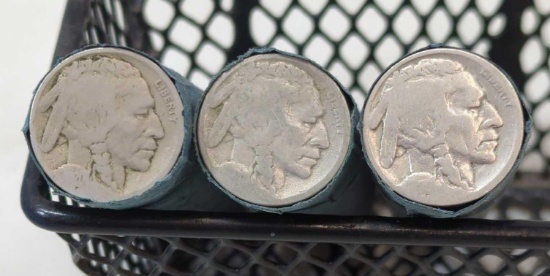 THREE ROLLS OF WELL WORN BUFFALO NICKELS NO DATE VISIBLE 120 TOTAL