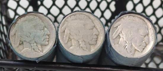 THREE ROLLS OF WELL WORN BUFFALO NICKELS NO DATE VISIBLE 120 TOTAL