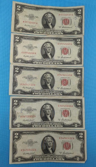 FIVE 1953 A TWO DOLLAR BILLS RED SEAL LOT