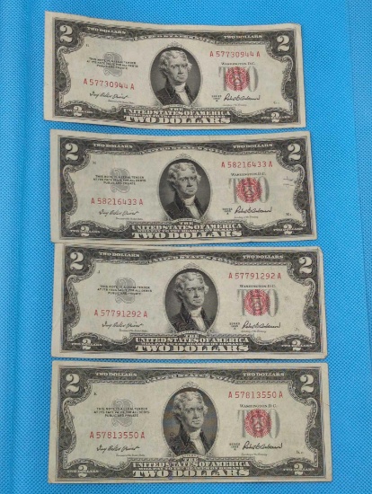 FOUR 1953 A TWO DOLLAR BILLS RED SEAL LOT