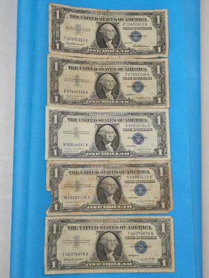 FIVE ONE DOLLAR SILVER CERTIFICATES - 1957-1, 1957A-3, 1957B-1