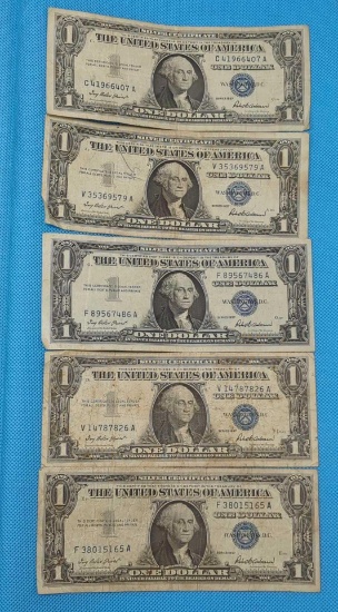 FIVE 1957 ONE DOLLAR SILVER CERTIFICATES