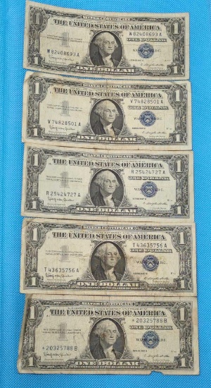 FIVE 1957B ONE DOLLAR SILVER CERTIFICATES