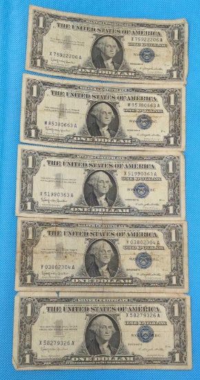 FIVE 1957B ONE DOLLAR SILVER CERTIFICATES