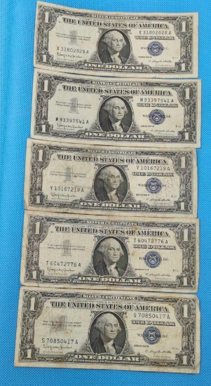 FIVE 1957B ONE DOLLAR SILVER CERTIFICATES